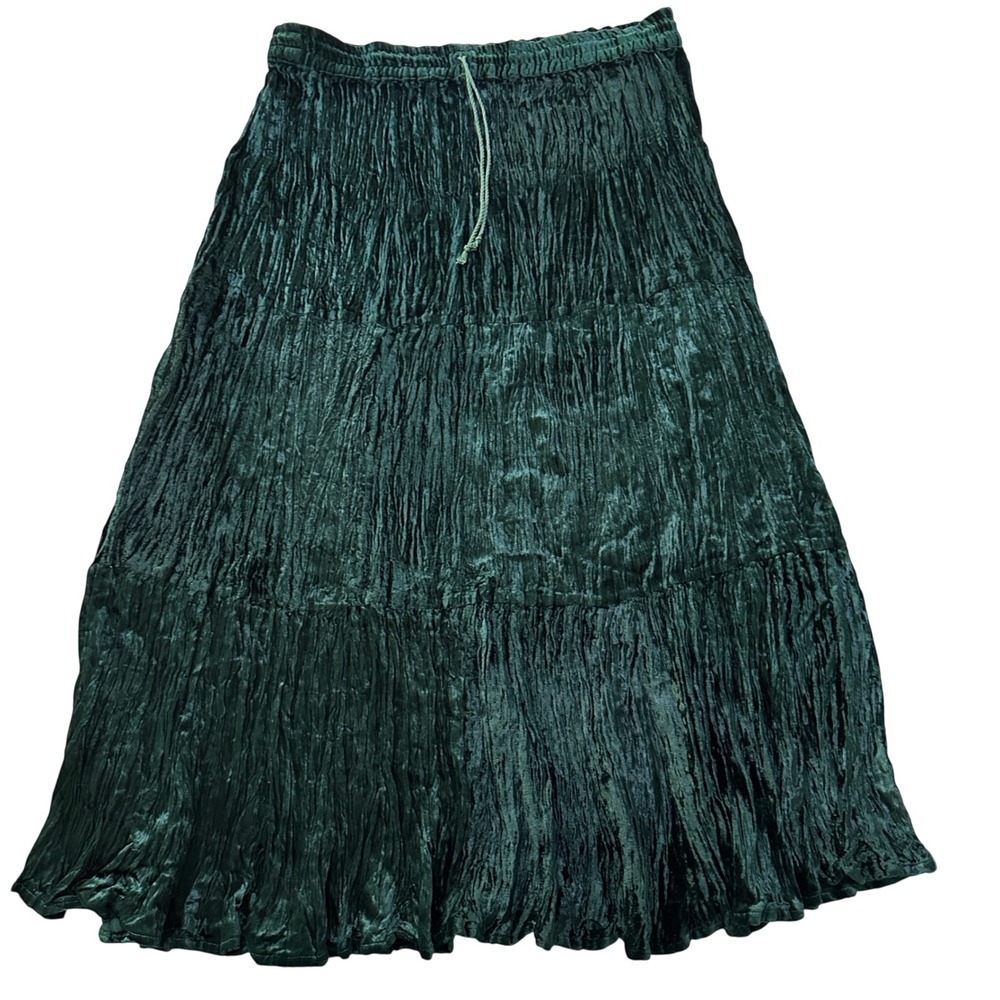 ANU Crinkle Velvet Maxi Skirt Women OS Green Tiered Boho Whimsigoth Gypsy Goblin